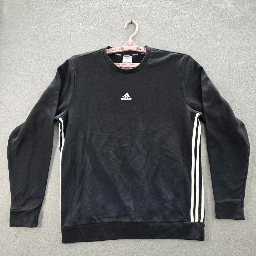 Adidas‎ Men Sweatshirt L Black Activewear Logo Striped Long Sleeve
